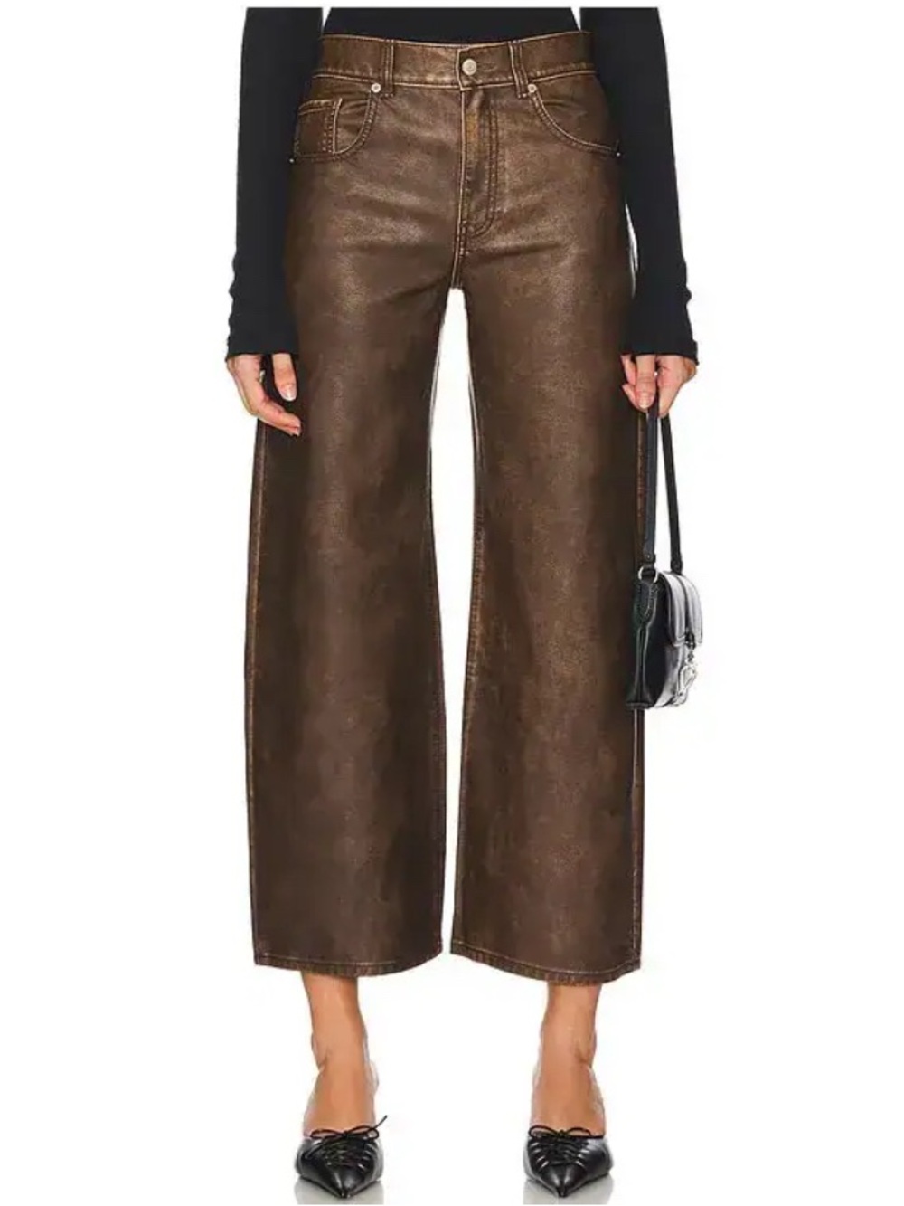 FREE PEOPLE We The Free Misha Brown Faux Leather Wide Leg Barrel Pant Size 32
